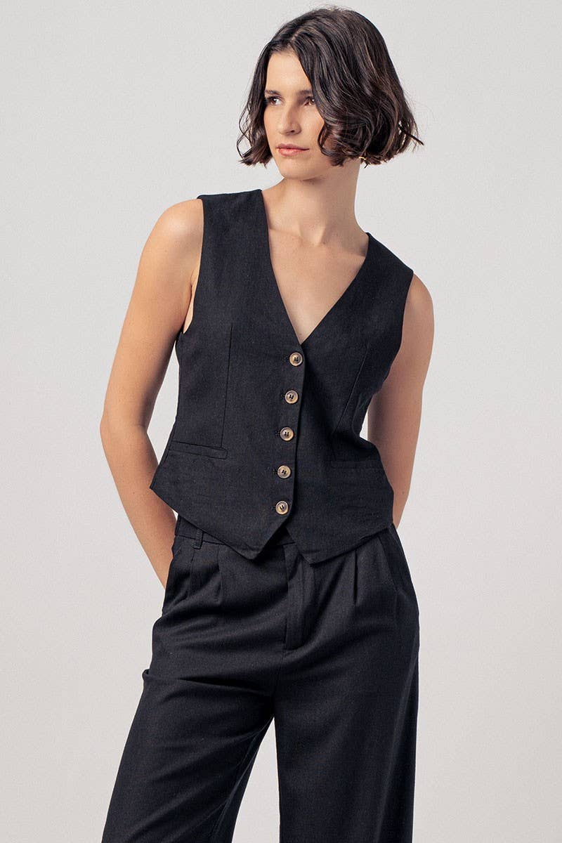 Linen Tailored Button Down Vest