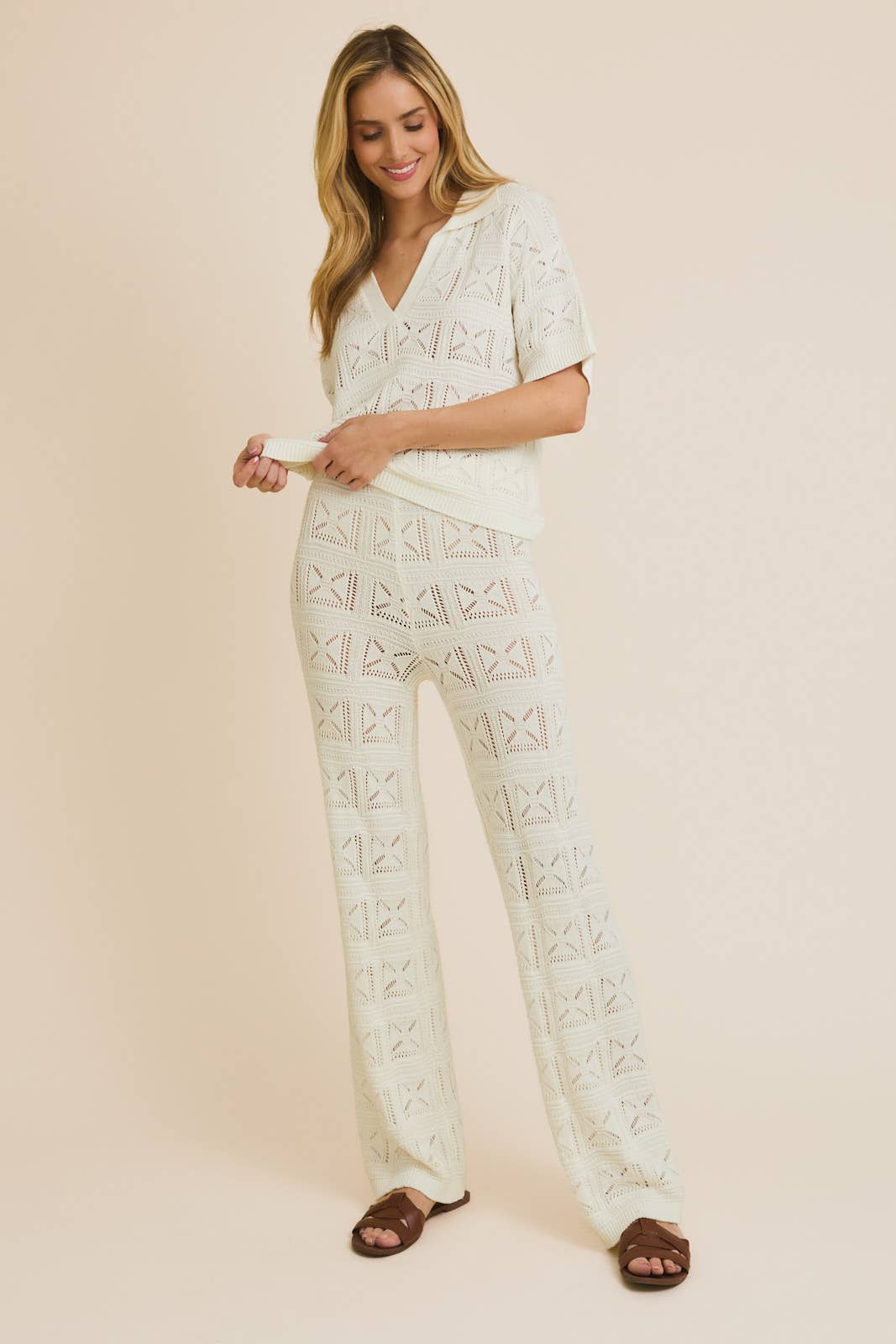 HALF SLEEVE OPEN KNIT COLLARED KNIT TOP