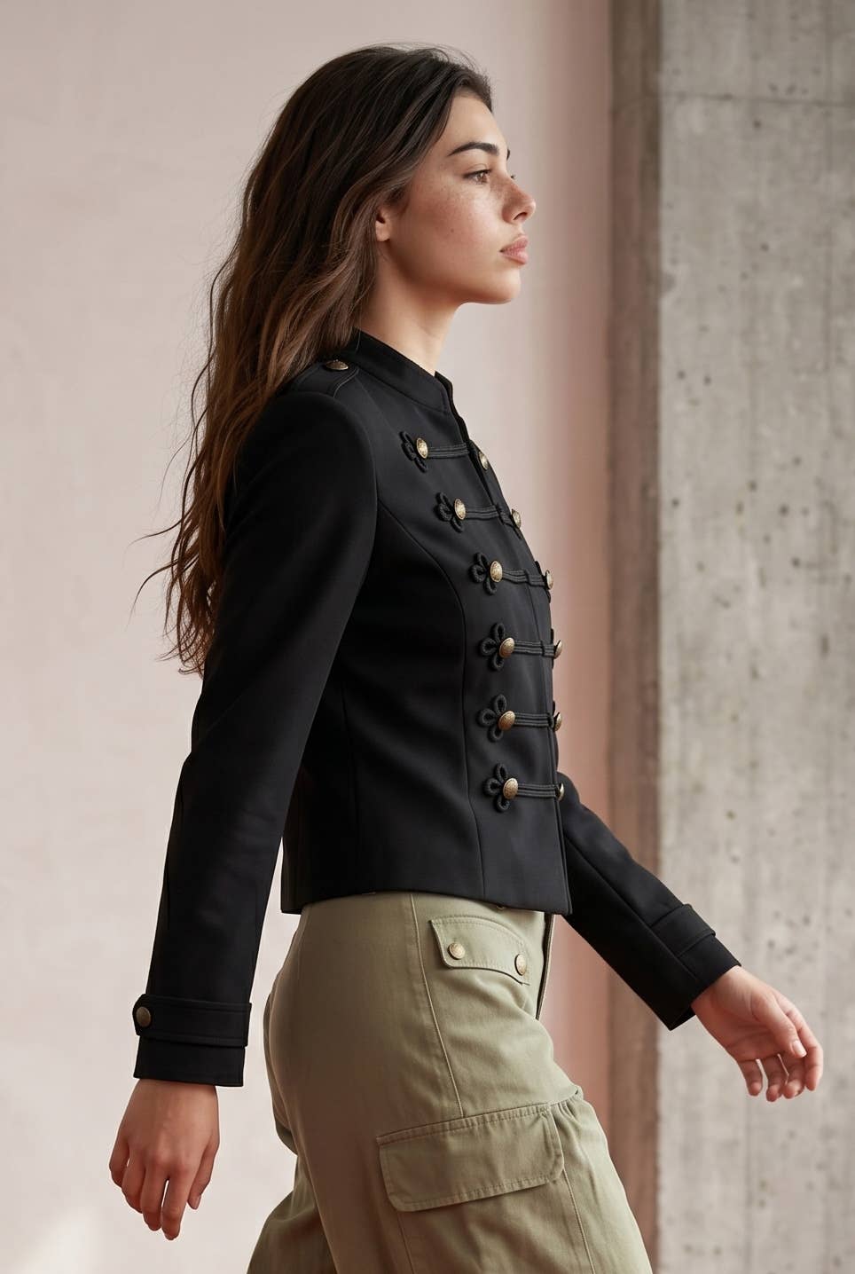 Cropped Military-Style Jacket with Frogging Detail
