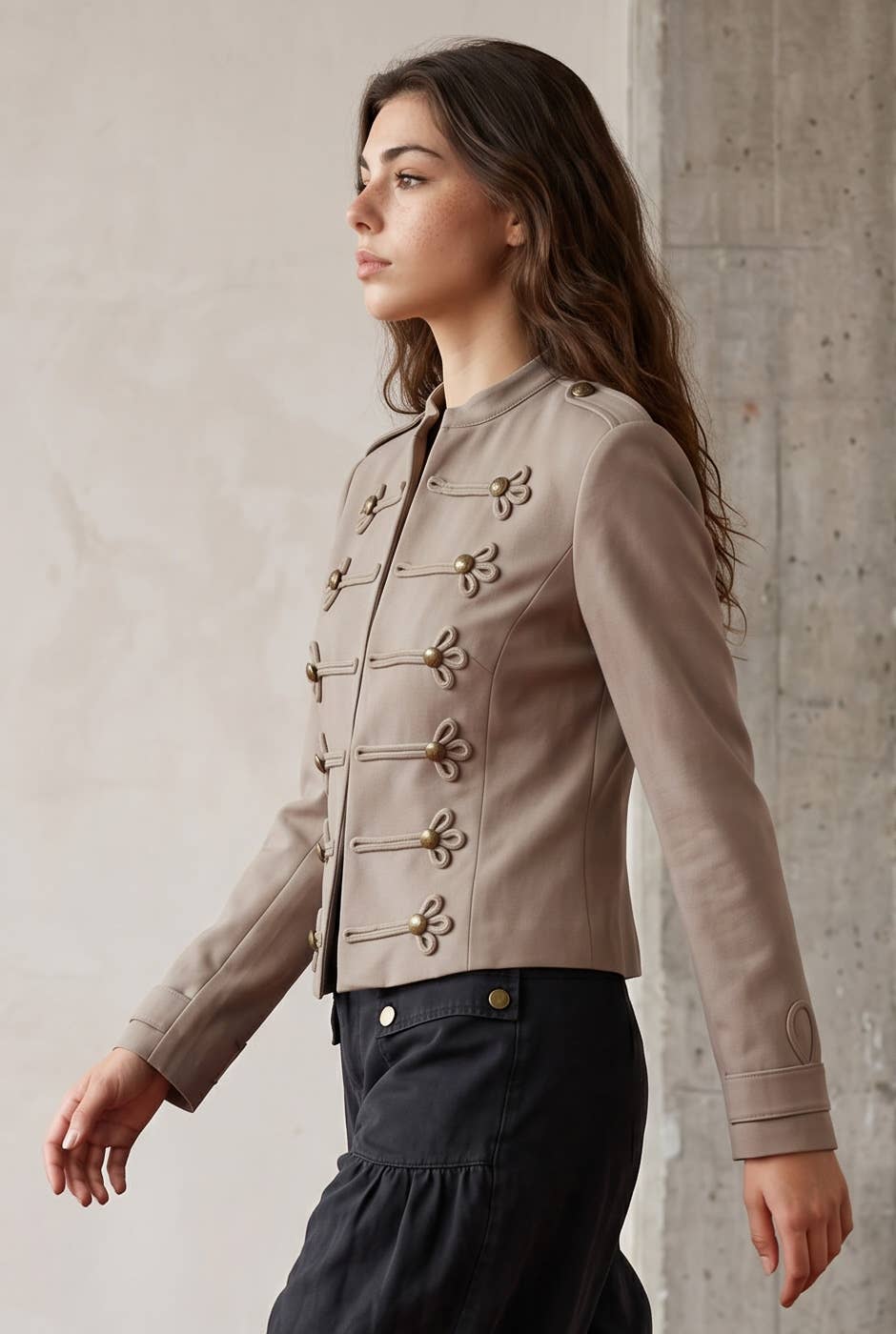 Cropped Military-Style Jacket with Frogging Detail
