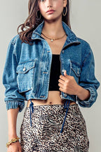 Utility Cropped Drawstring Denim Jacket