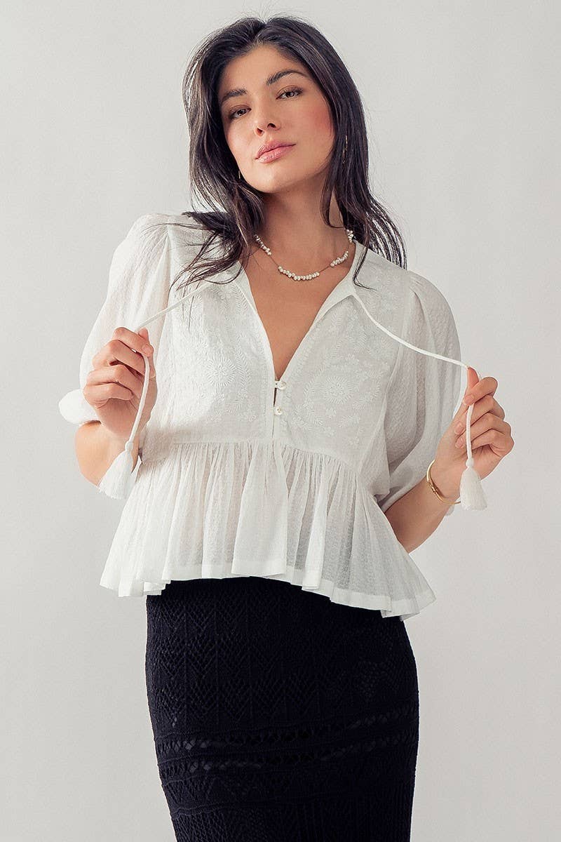 Floral Embroidered Cotton Peasant Blouse with Tassels