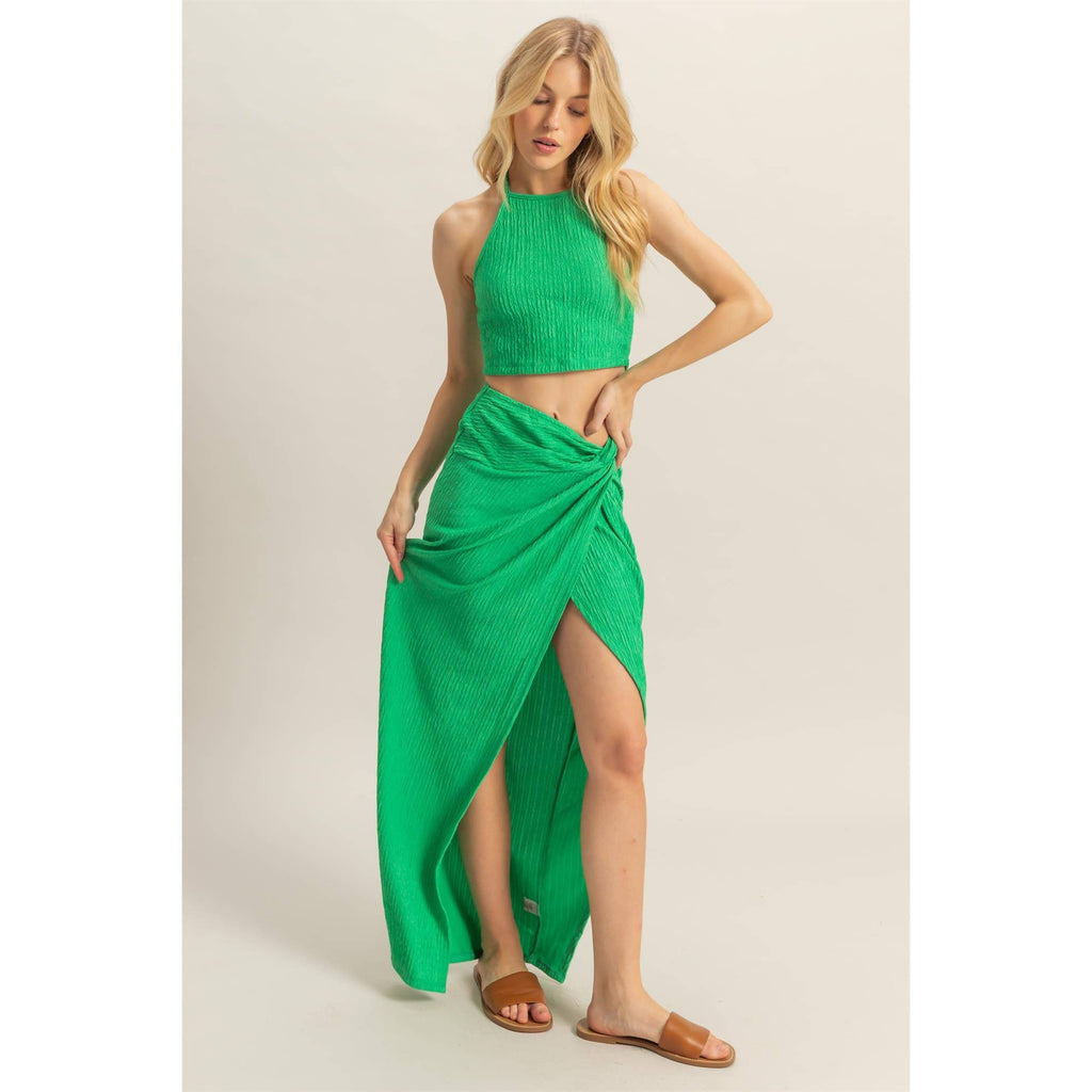 HF25A412-SET-Knit Halter Top And Knotted Skirt Set