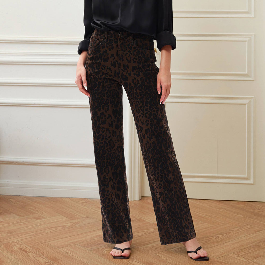 High Rise Relaxed Straight Leopard Print Pants