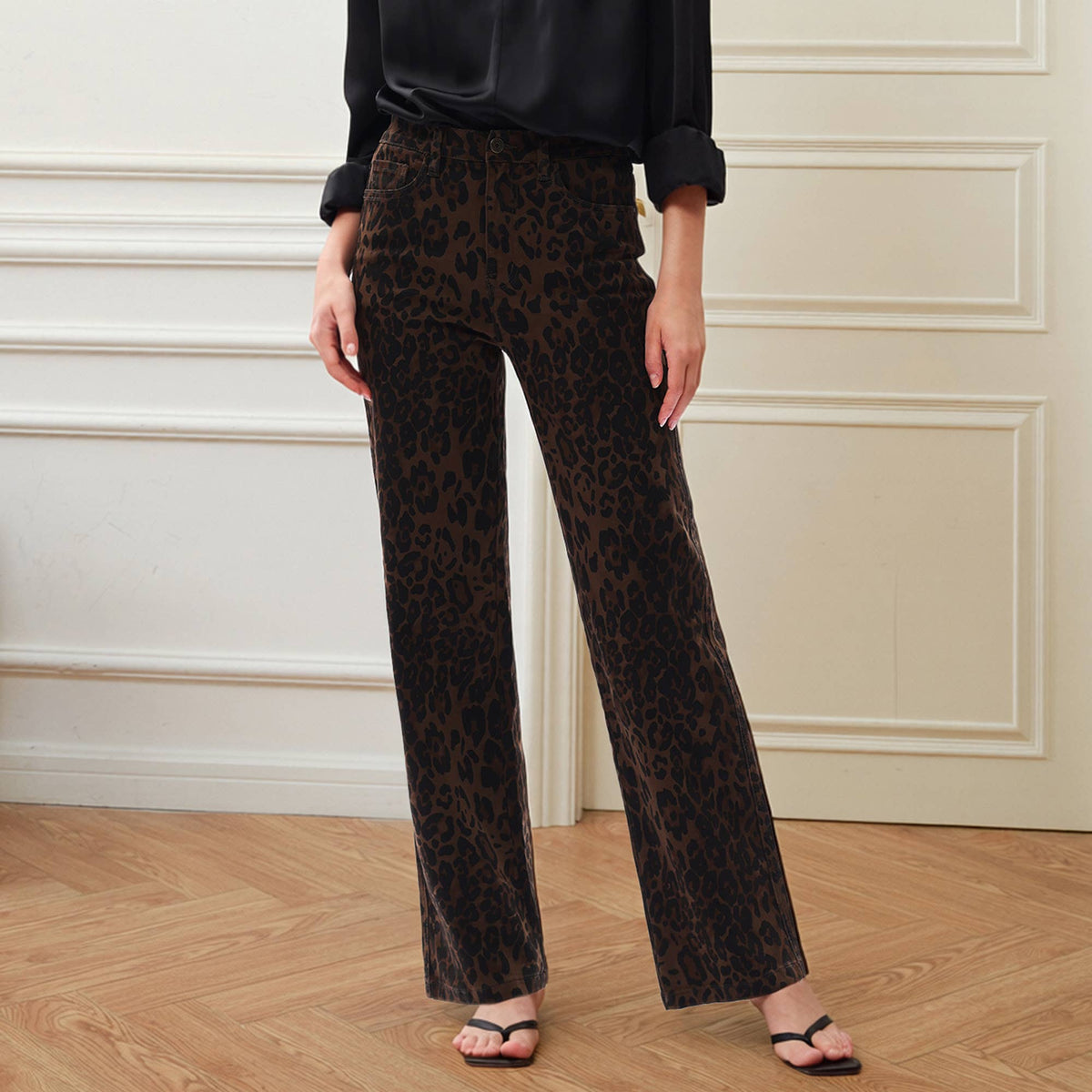 High Rise Relaxed Straight Leopard Print Pants