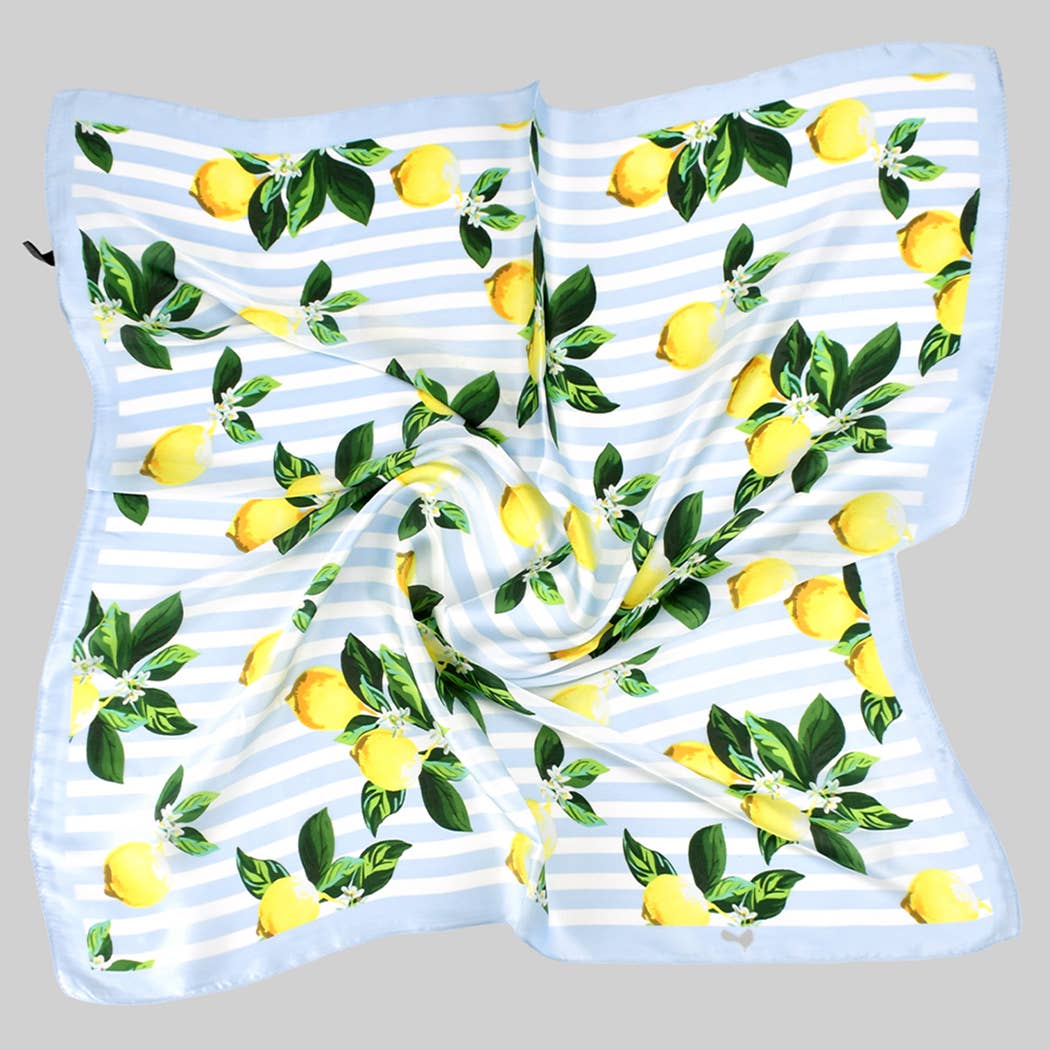 STRIPED SILKY SQUARE SCARF WITH LEMON PRINT