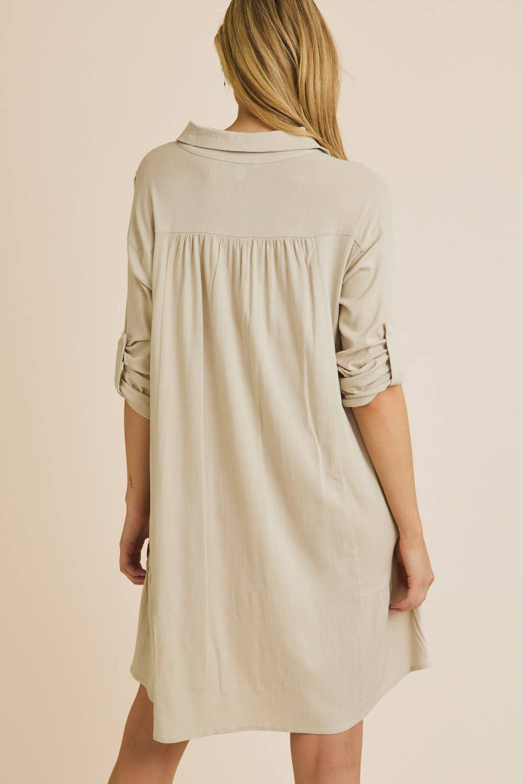 COLLAR BUTTON UP ROLL UP SLEEVE DRESS