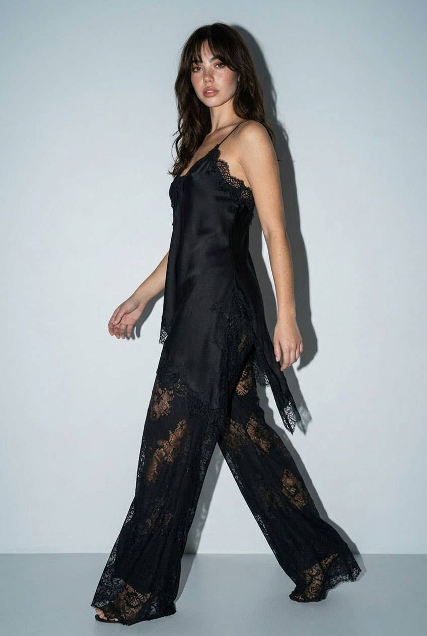 Satin Lace Trim Cami and Pants Set