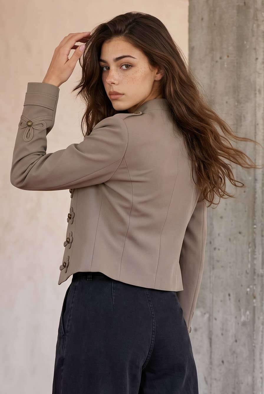Cropped Military-Style Jacket with Frogging Detail