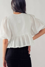 Floral Embroidered Cotton Peasant Blouse with Tassels