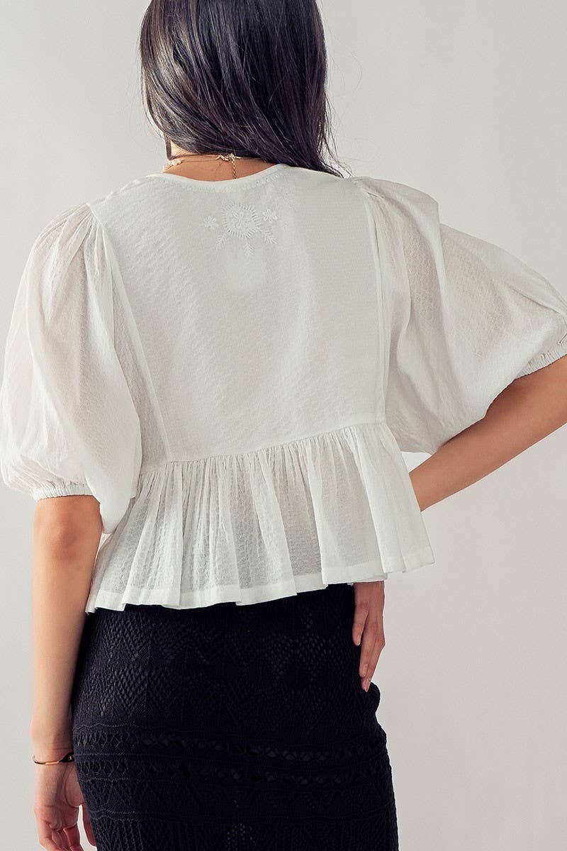 Floral Embroidered Cotton Peasant Blouse with Tassels