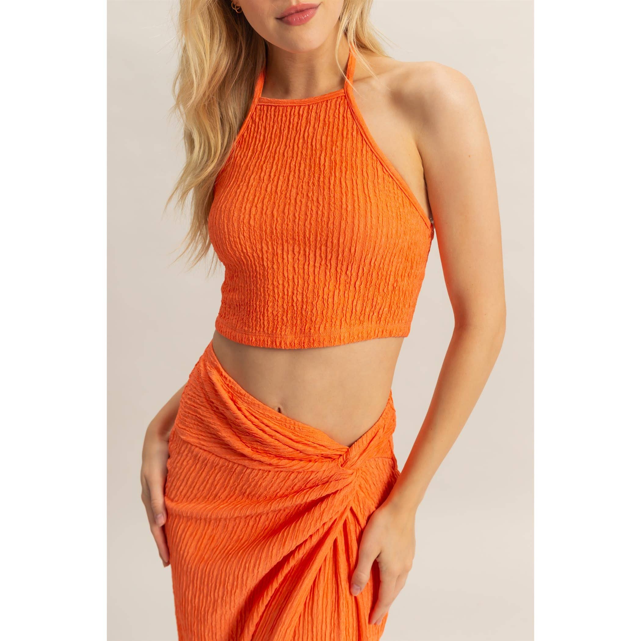 HF25A412-SET-Knit Halter Top And Knotted Skirt Set