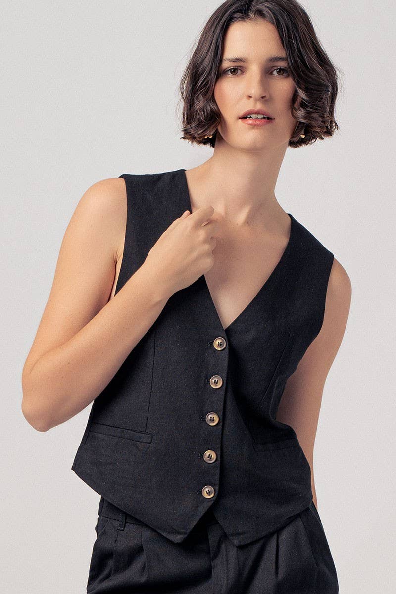 Linen Tailored Button Down Vest
