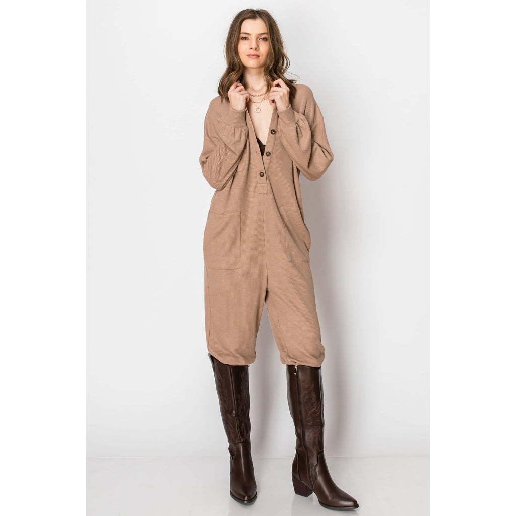Long Sleeve Waffle Knit Button Down  JUMPSUIT