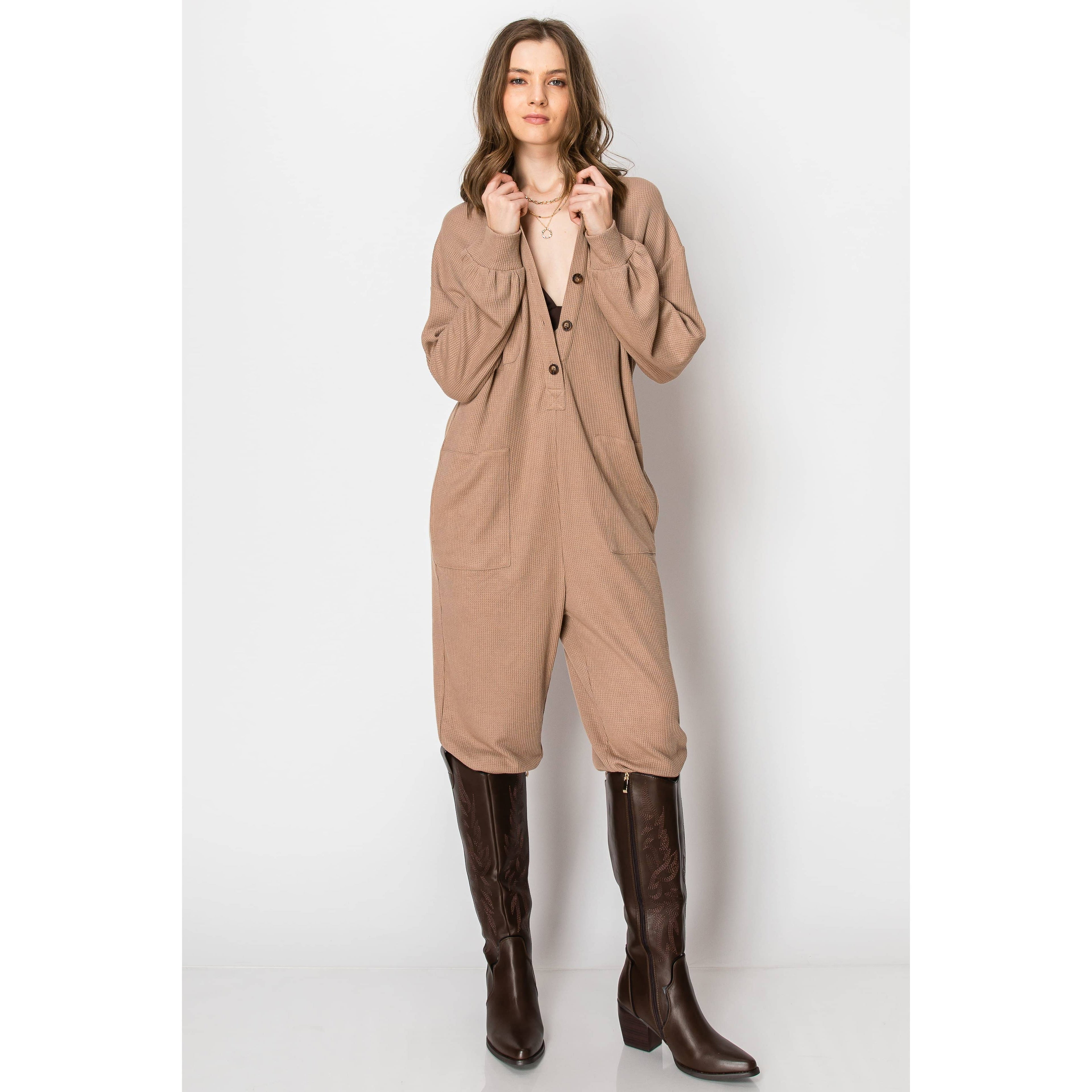 Long Sleeve Waffle Knit Button Down  JUMPSUIT