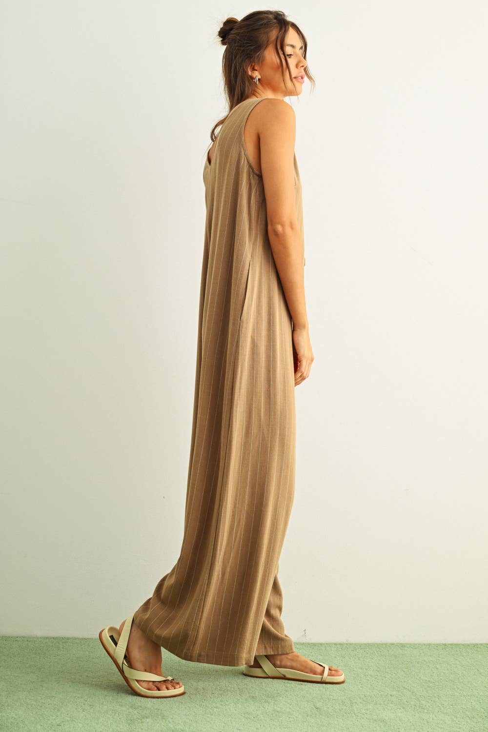 STRIPED PATTERN BUTTON FRONT JUMPSUIT