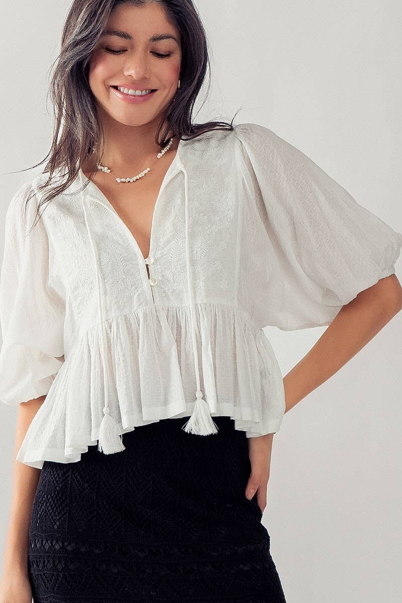 Floral Embroidered Cotton Peasant Blouse with Tassels