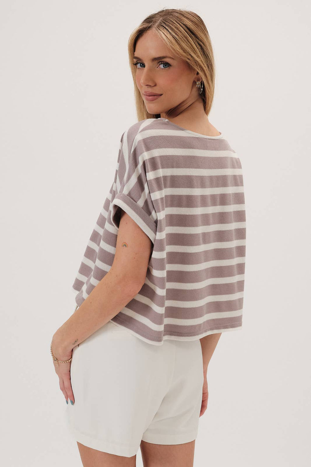 ROUND NECK CUFFED SHORT SLEEVE STRIPE TOP