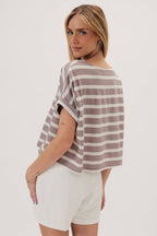 ROUND NECK CUFFED SHORT SLEEVE STRIPE TOP