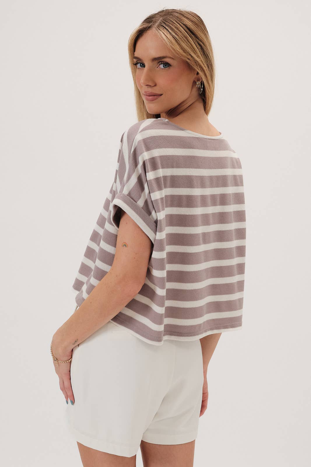 ROUND NECK CUFFED SHORT SLEEVE STRIPE TOP