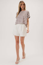 ROUND NECK CUFFED SHORT SLEEVE STRIPE TOP