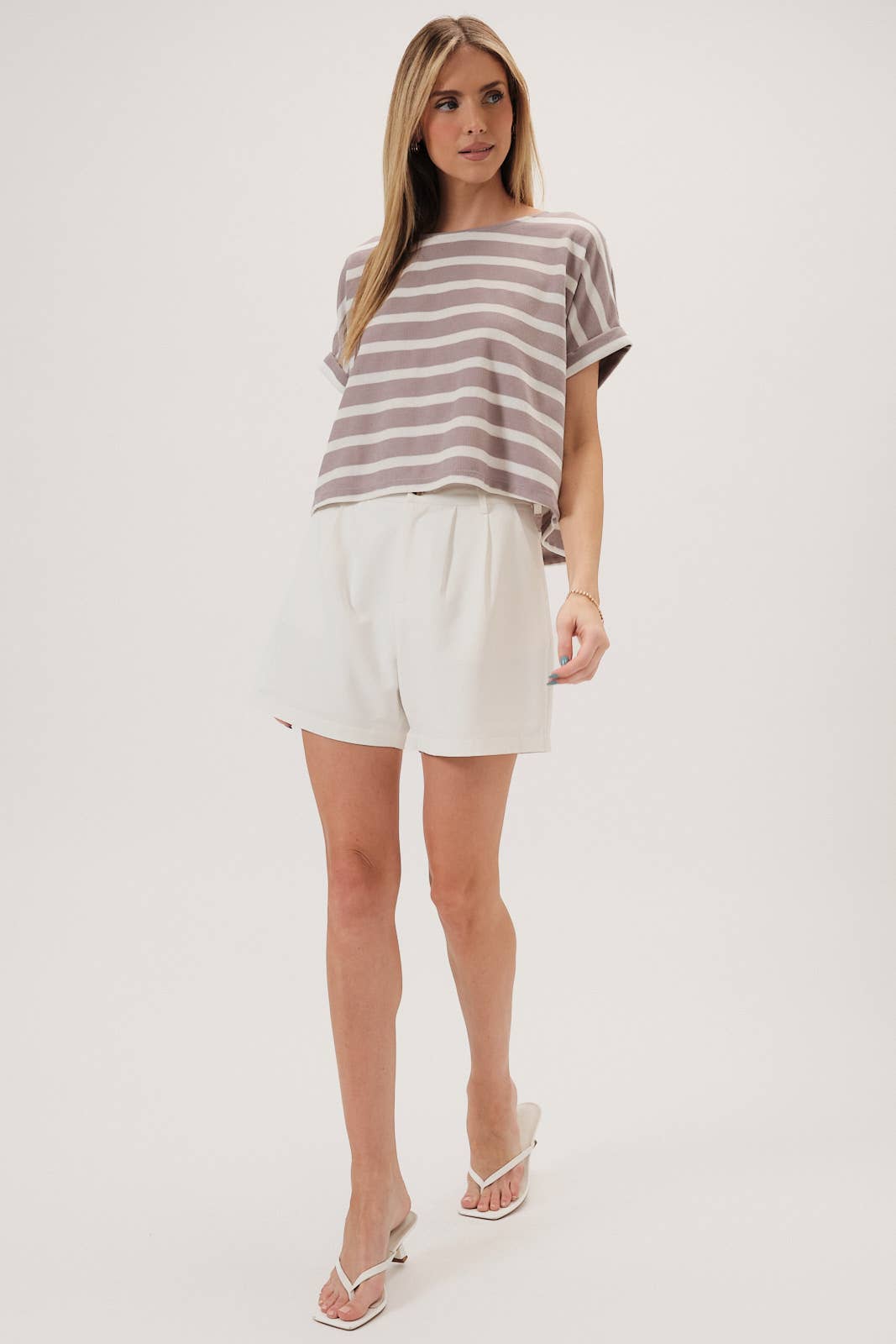 ROUND NECK CUFFED SHORT SLEEVE STRIPE TOP