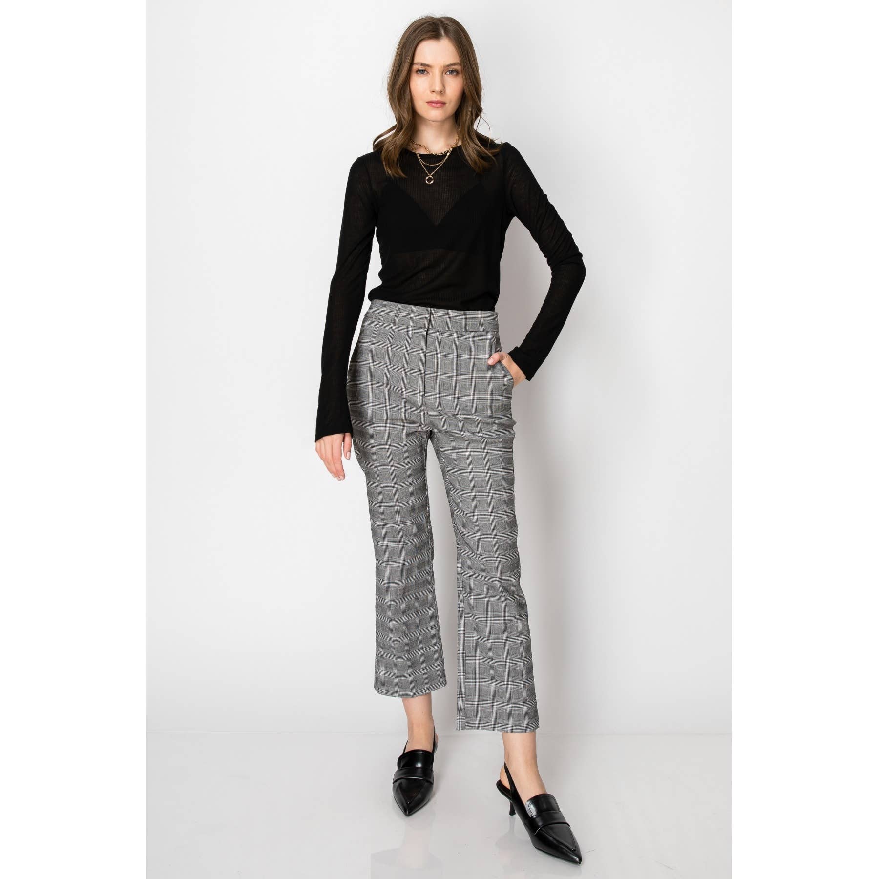 Plaid High Waisted Ankle Length Office Pants