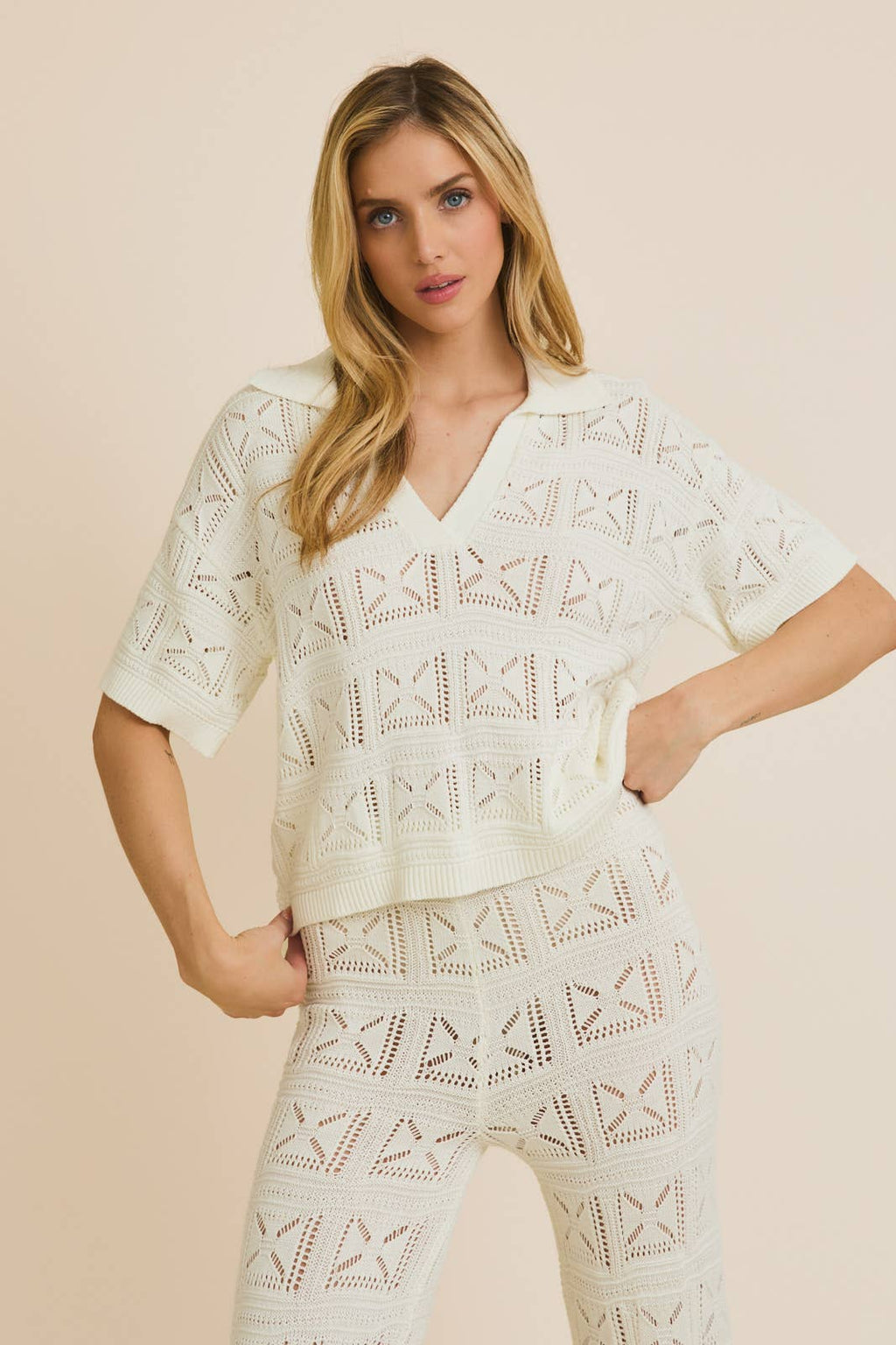 HALF SLEEVE OPEN KNIT COLLARED KNIT TOP