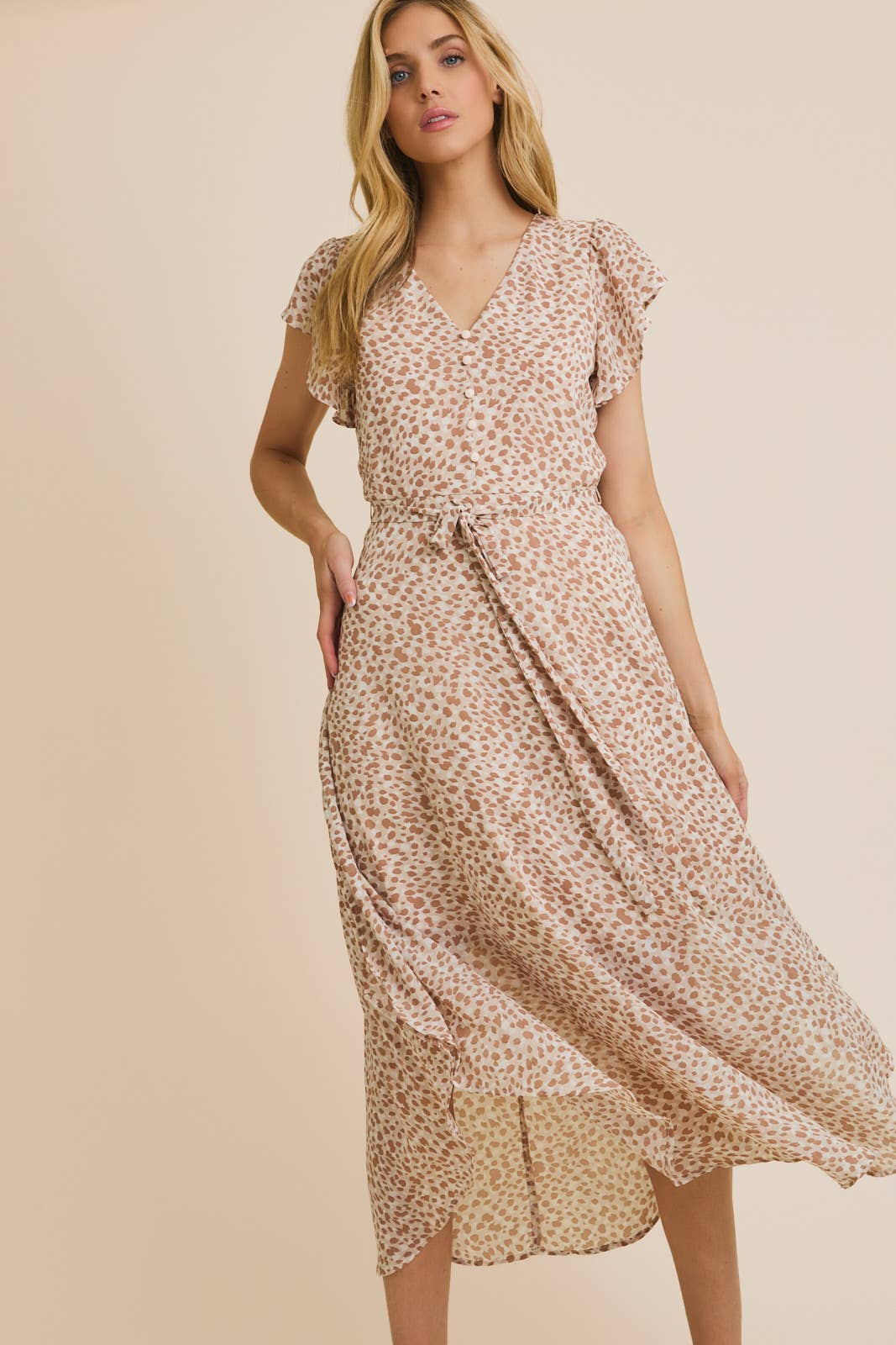 BUTTON UP RUFFLE SHORT SLEEVE WAIST TIE ABSTRACT PRINT DRESS