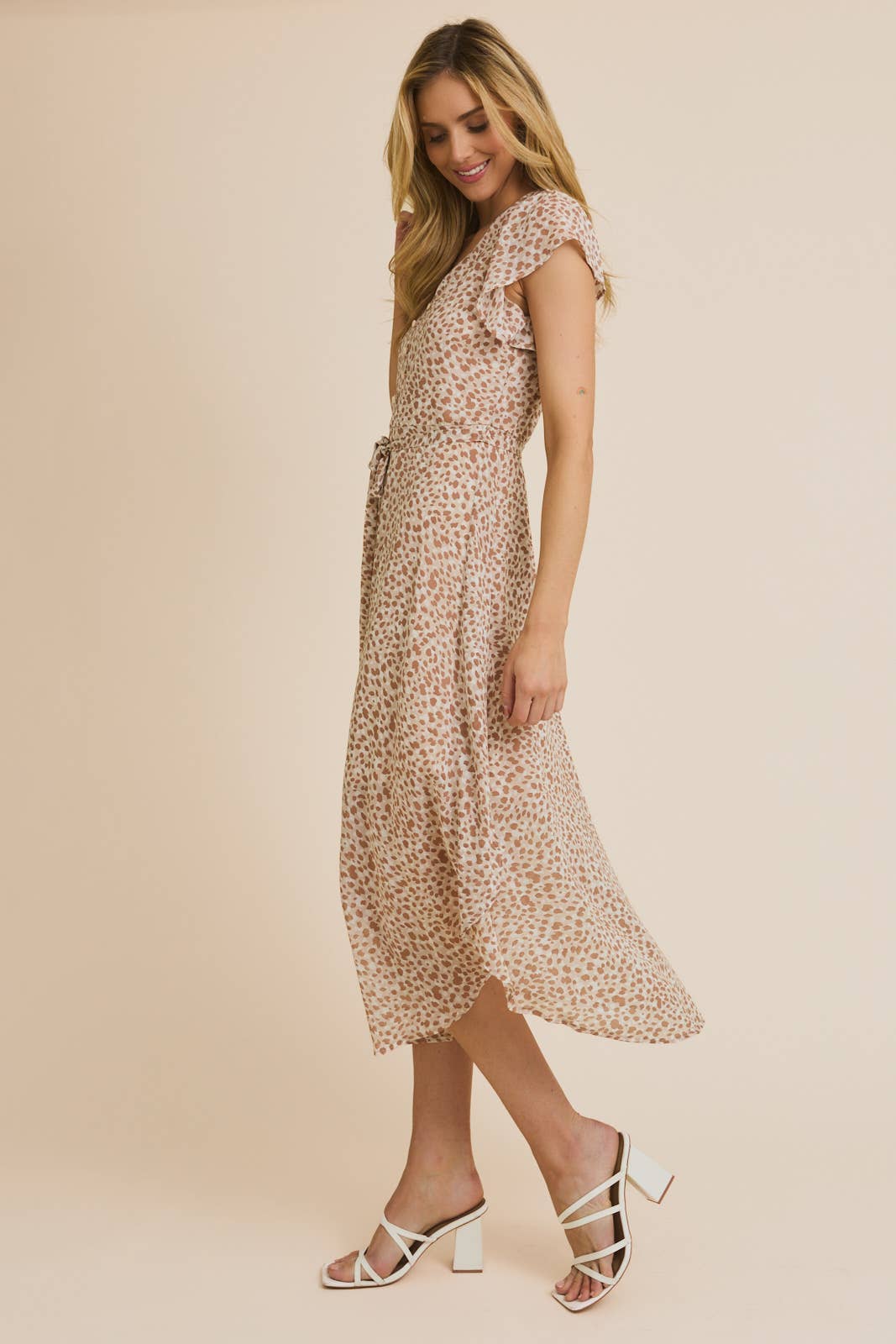 BUTTON UP RUFFLE SHORT SLEEVE WAIST TIE ABSTRACT PRINT DRESS