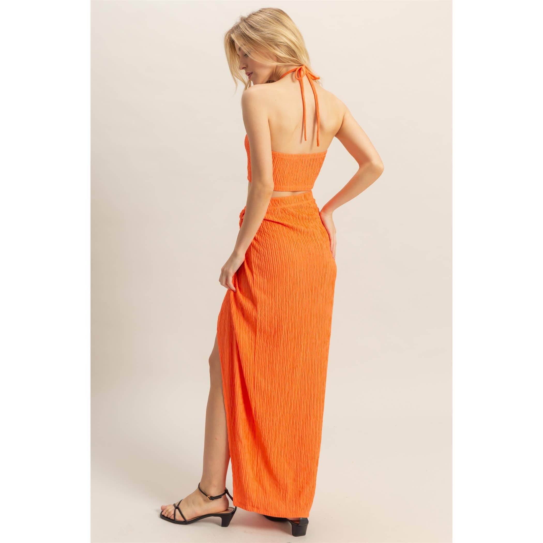 HF25A412-SET-Knit Halter Top And Knotted Skirt Set