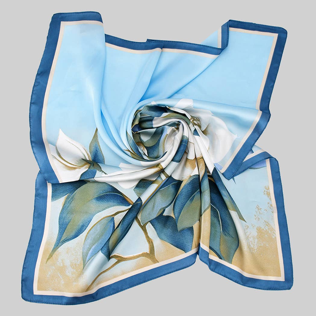 LOVELY BLUE FLOWER PRINT SILKY SQUARE SCARF