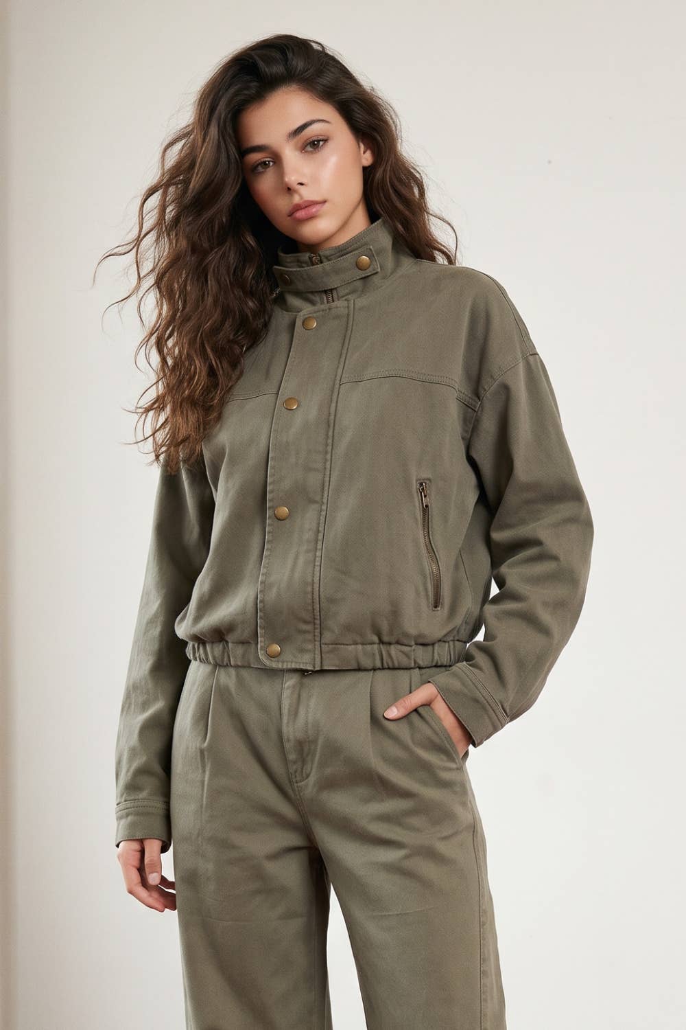 BRUSHED TWILL BELTED ZIP-UP OVERSIZED CROP JACKET