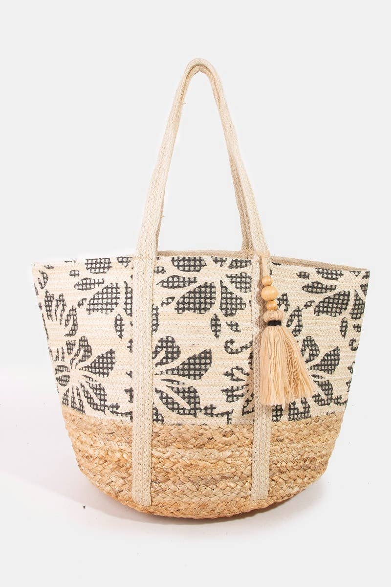 Leaf Pattern Jute Tote Bag