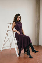 Draped High-Neck Mesh Maxi Dress with Asymmetric Flutter Hem