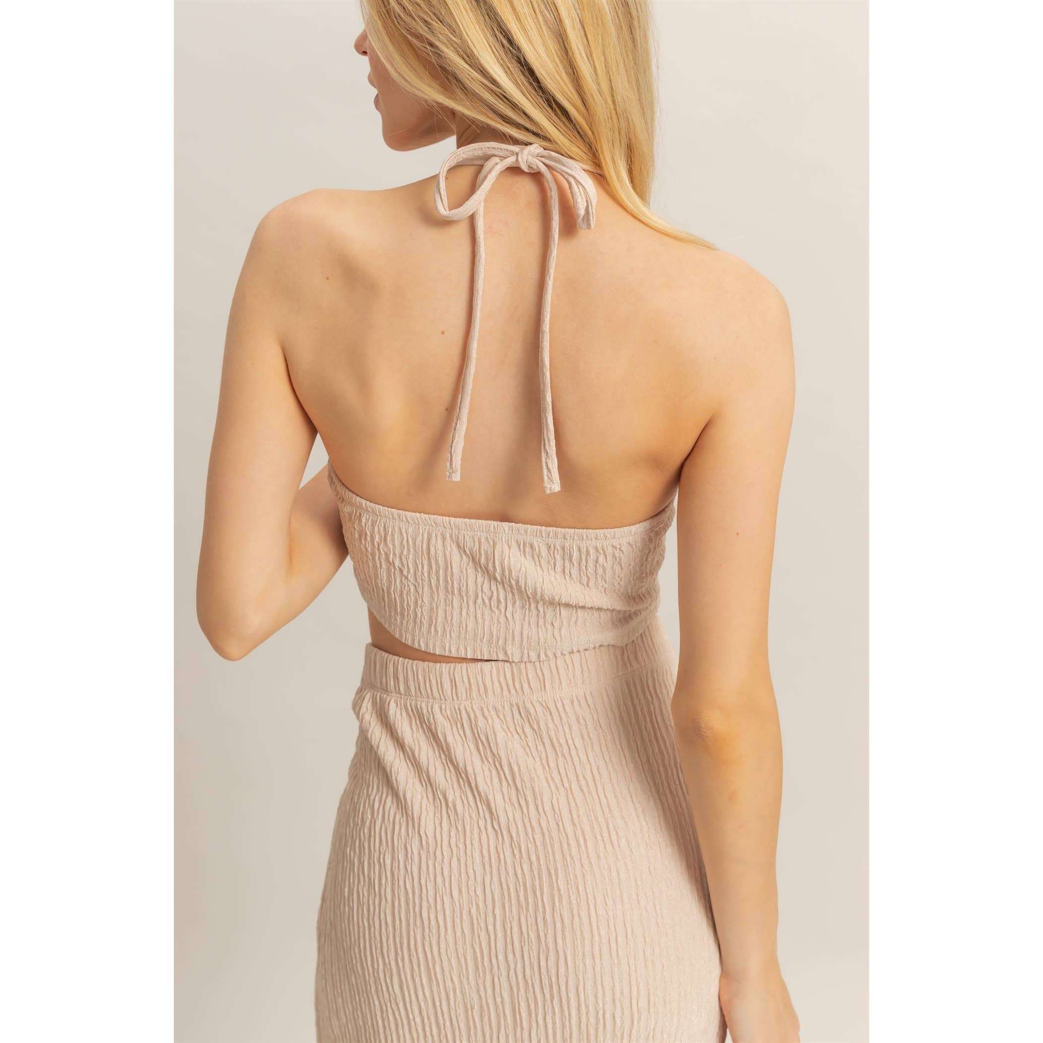 HF25A412-SET-Knit Halter Top And Knotted Skirt Set