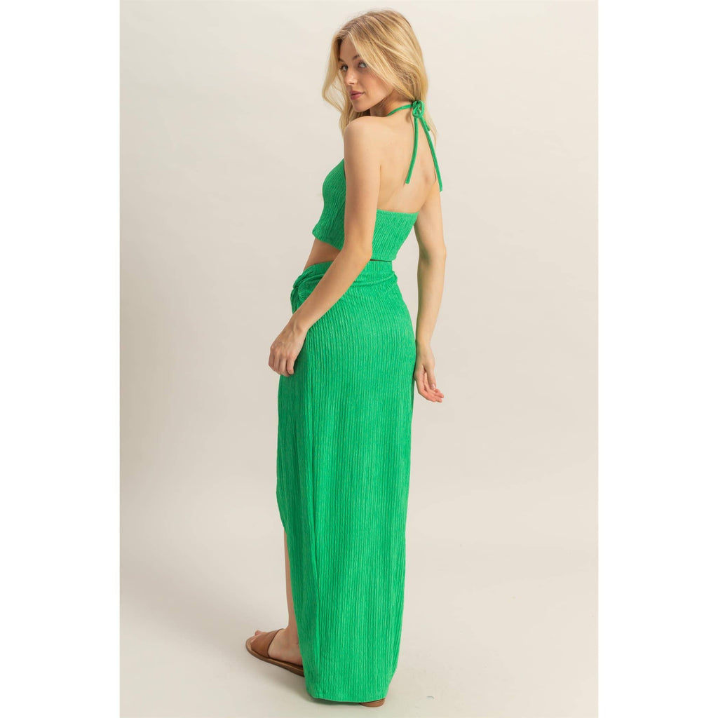 HF25A412-SET-Knit Halter Top And Knotted Skirt Set