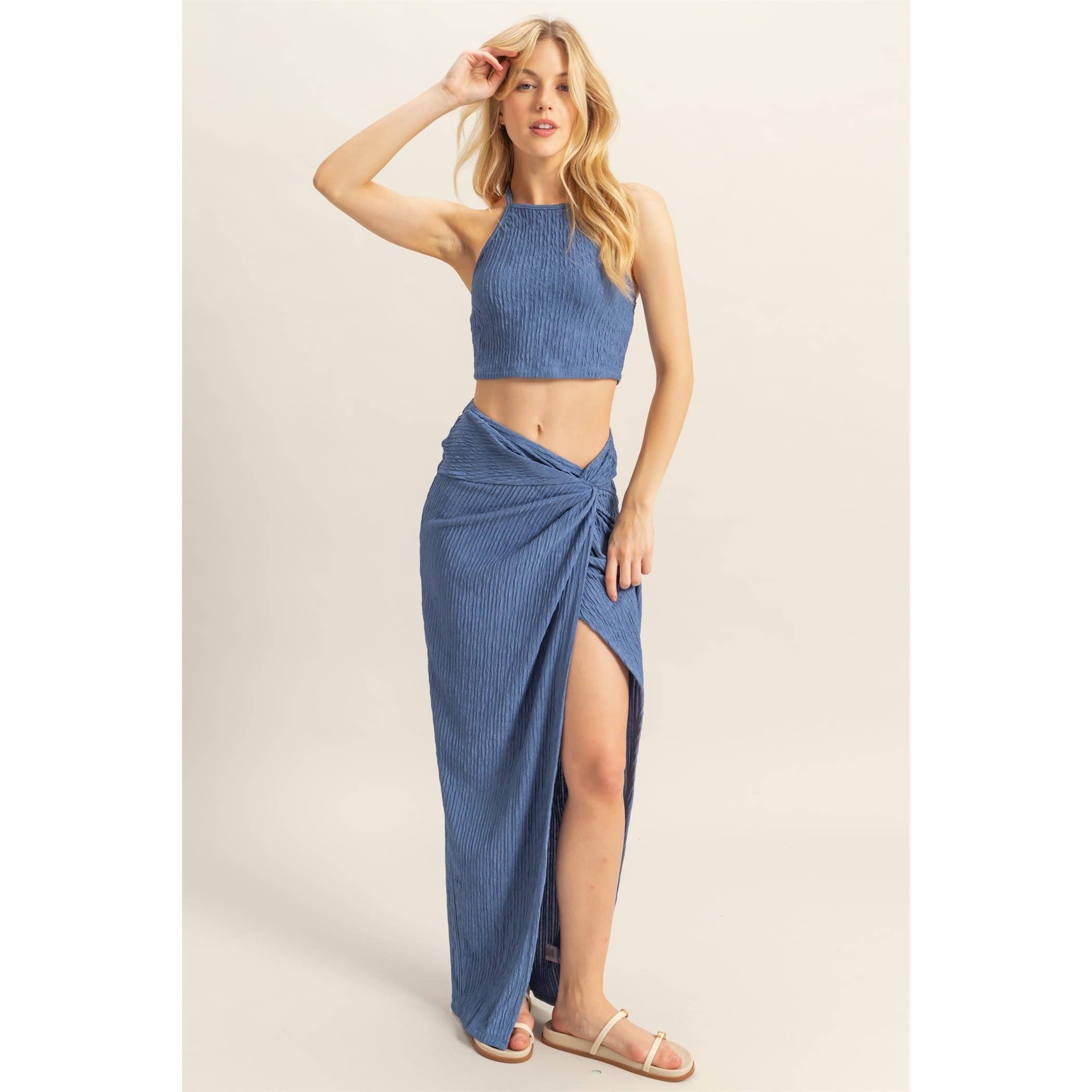 HF25A412-SET-Knit Halter Top And Knotted Skirt Set