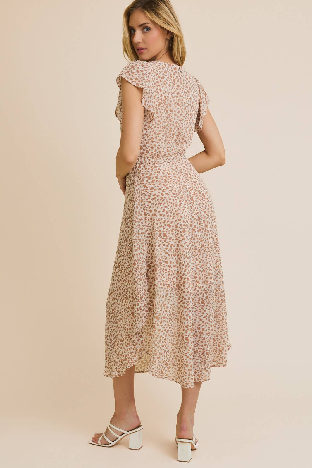 BUTTON UP RUFFLE SHORT SLEEVE WAIST TIE ABSTRACT PRINT DRESS