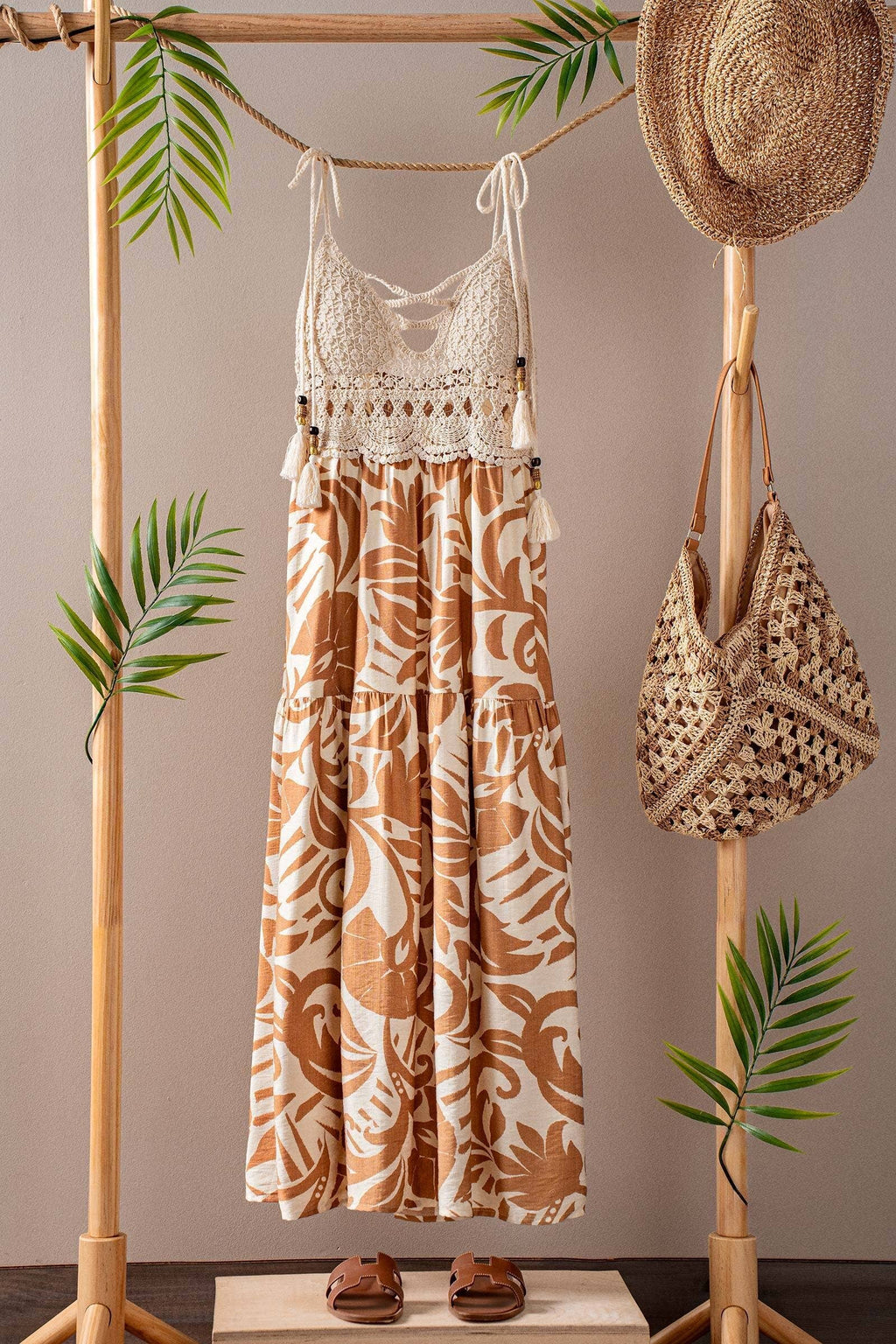 Boho Crochet Top Tropical Maxi Dress