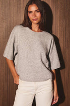 SHORT SLEEVE CREW NECK LIGHT WEIGHT SWEATER TOP