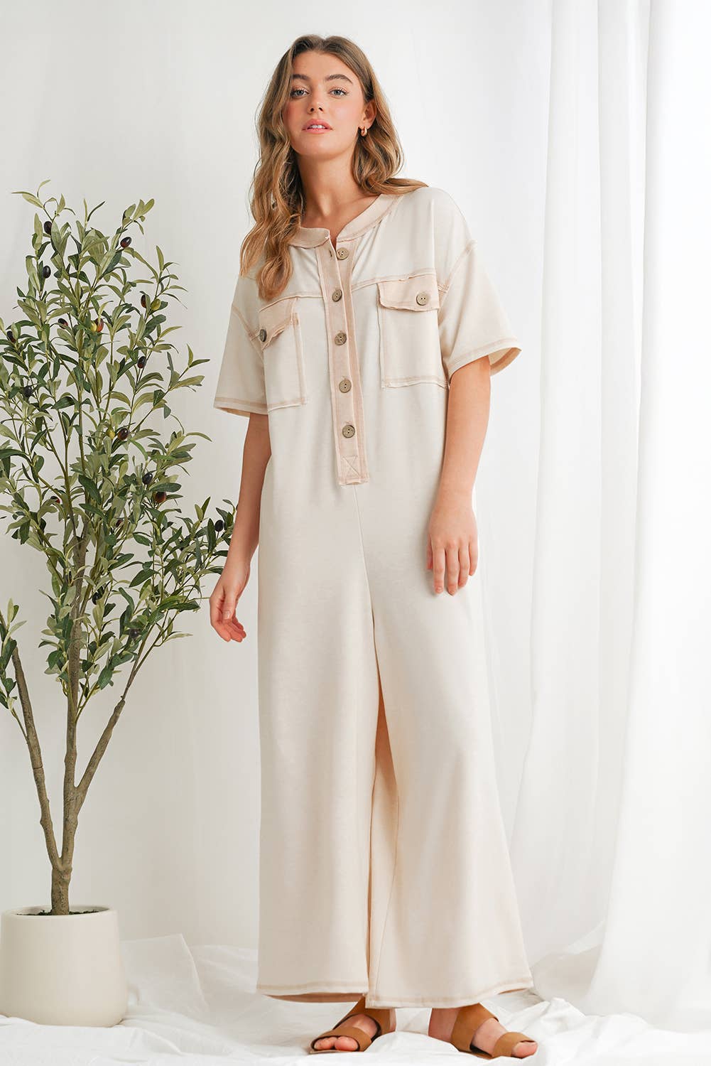 Casual Buttoned Front Pockets Wide Leg Jumpsuit | S-XL