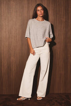 SHORT SLEEVE CREW NECK LIGHT WEIGHT SWEATER TOP